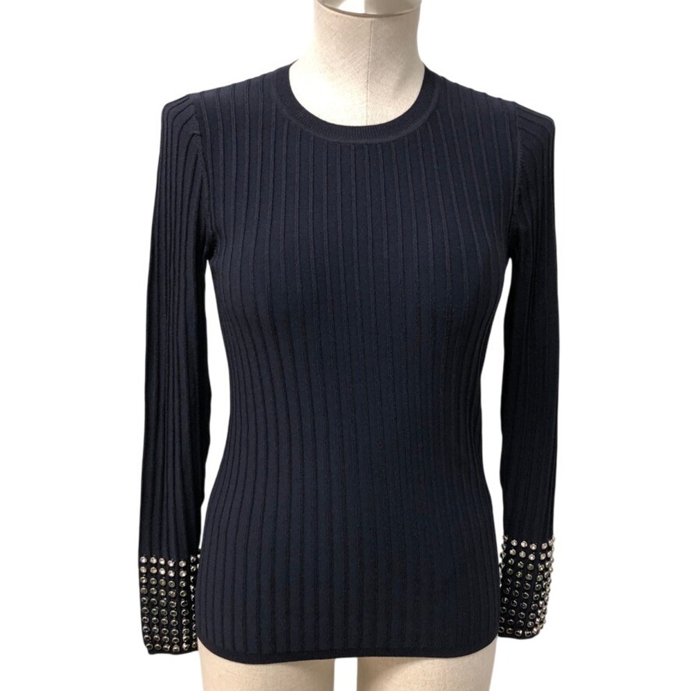 Karen Millen Sweater Womens Medium Navy Blue Crystal Studded Ribbed Knit Top